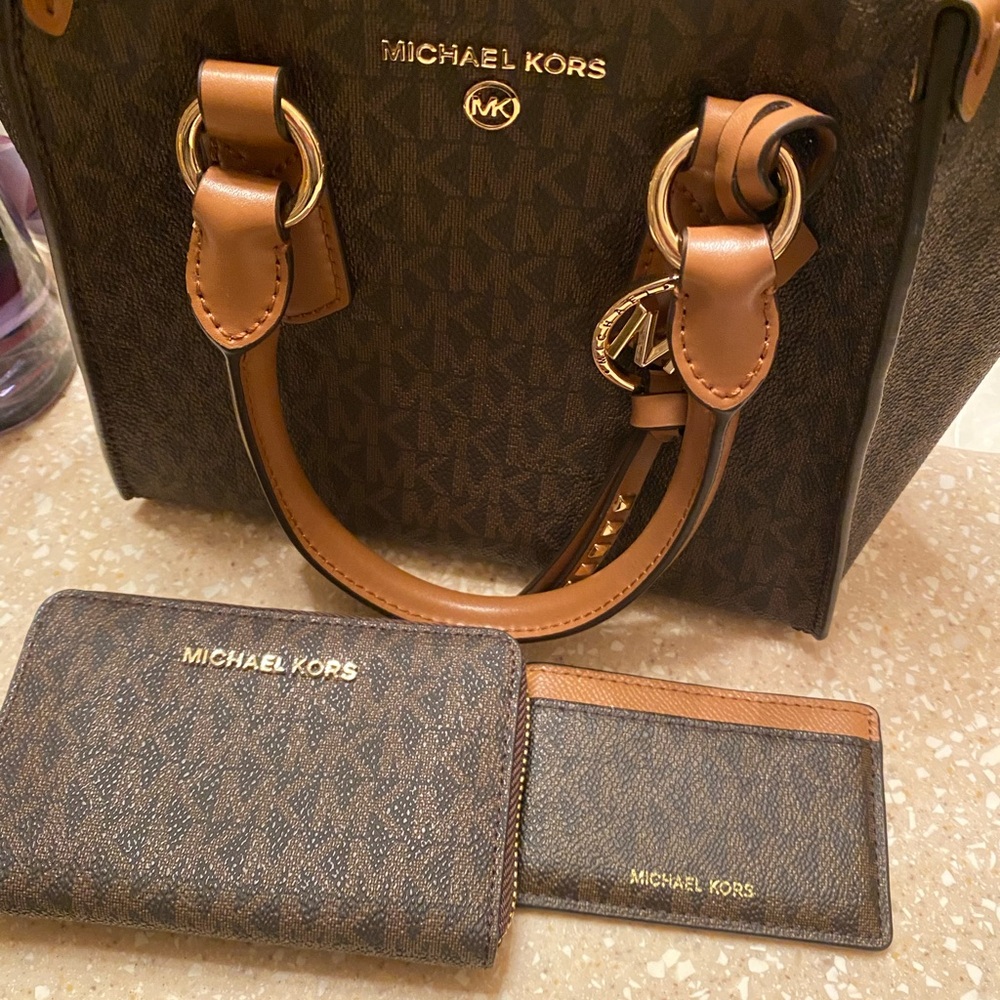 Michael Kors Dark Brown Handbag Set with Gold Accents